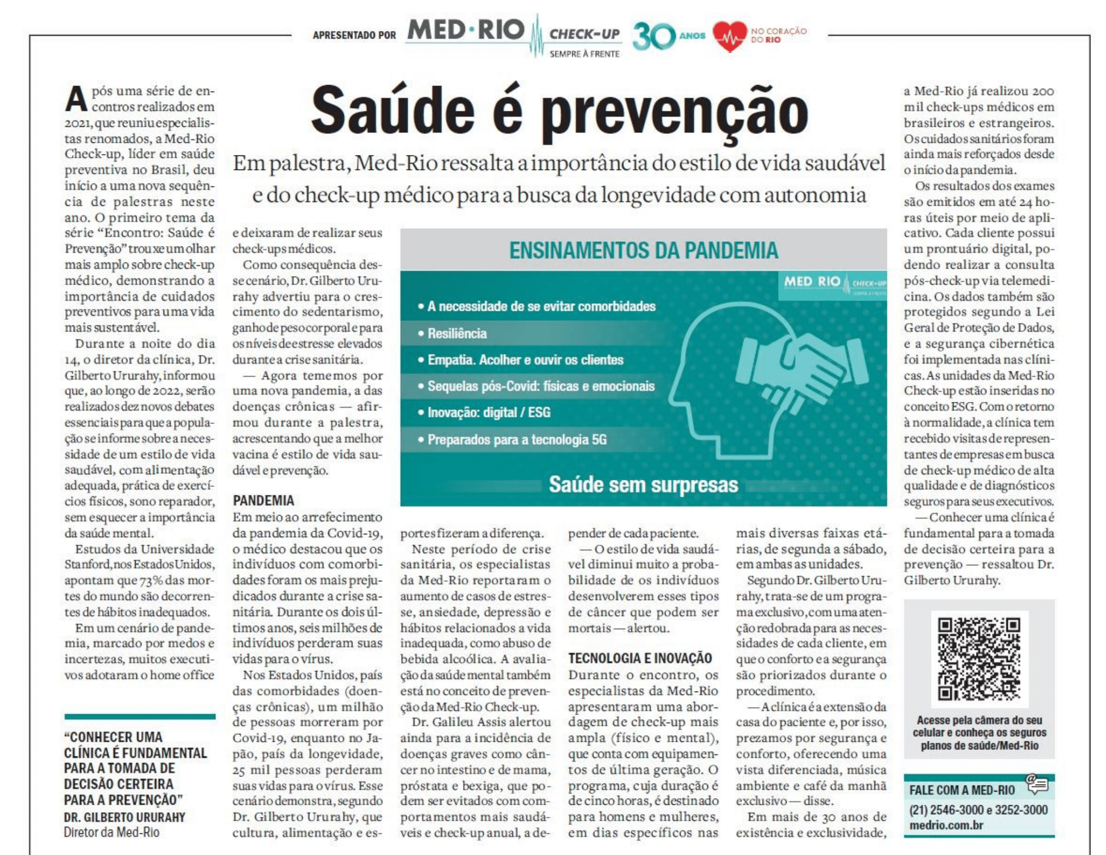 O GLOBO: Saúde é prevenção: Em palestra, Med-Rio ressalta a importância do estilo de vida saudável e do check-up médico para a busca da longevidade com autonomia